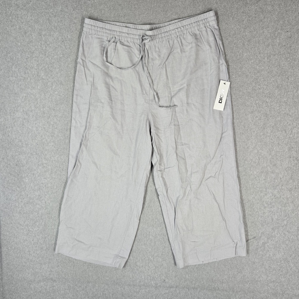 DKNY Women Pants L Grey Linen Rayon Cropped Relaxed Coastal Beachy NWT